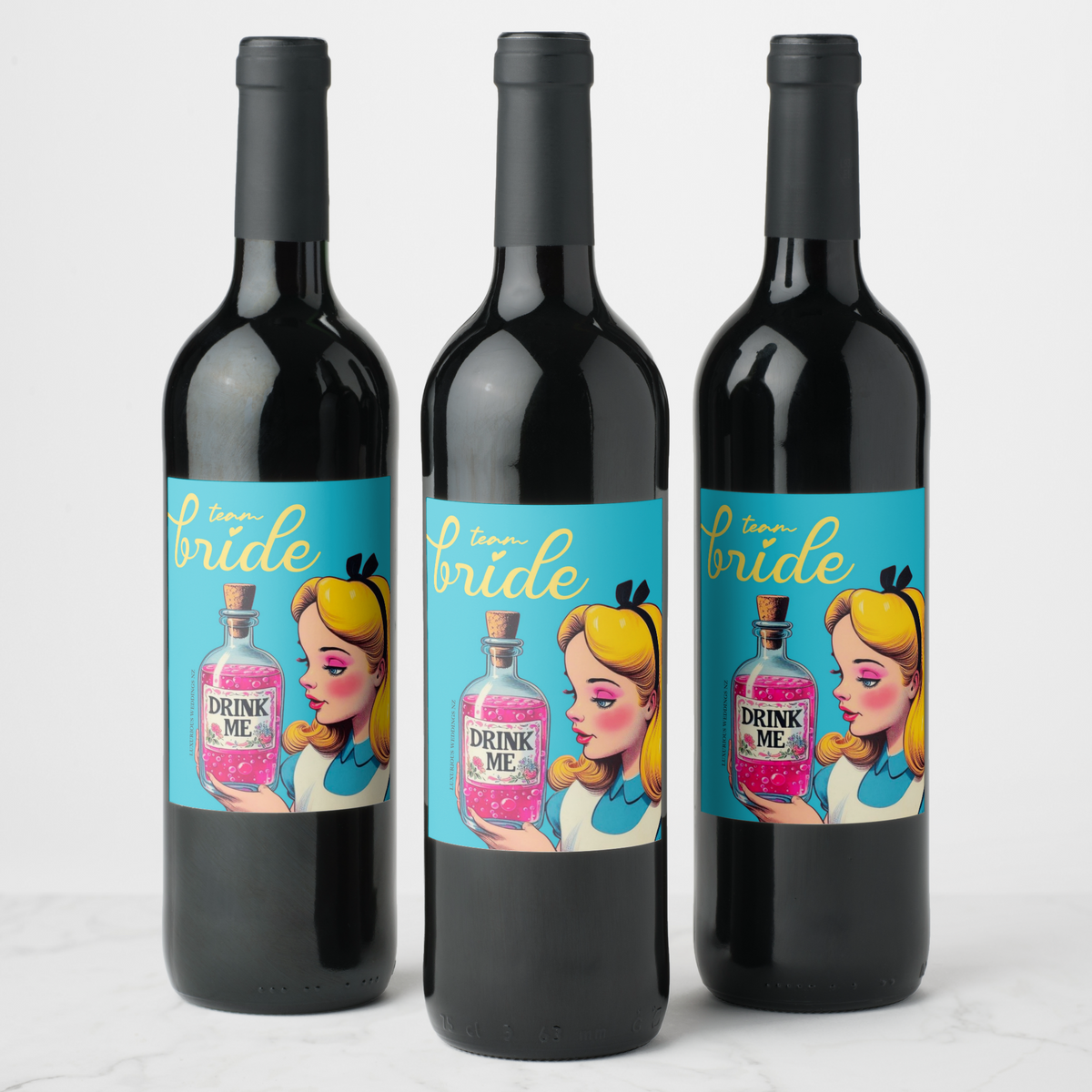 Bachelorette wine bottle labels featuring playful 'Team Bride' designs for festive celebrations.
