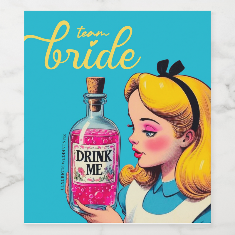 Colorful bachelorette wine label featuring 'Team Bride' and 'Drink Me' design, perfect for party celebrations.