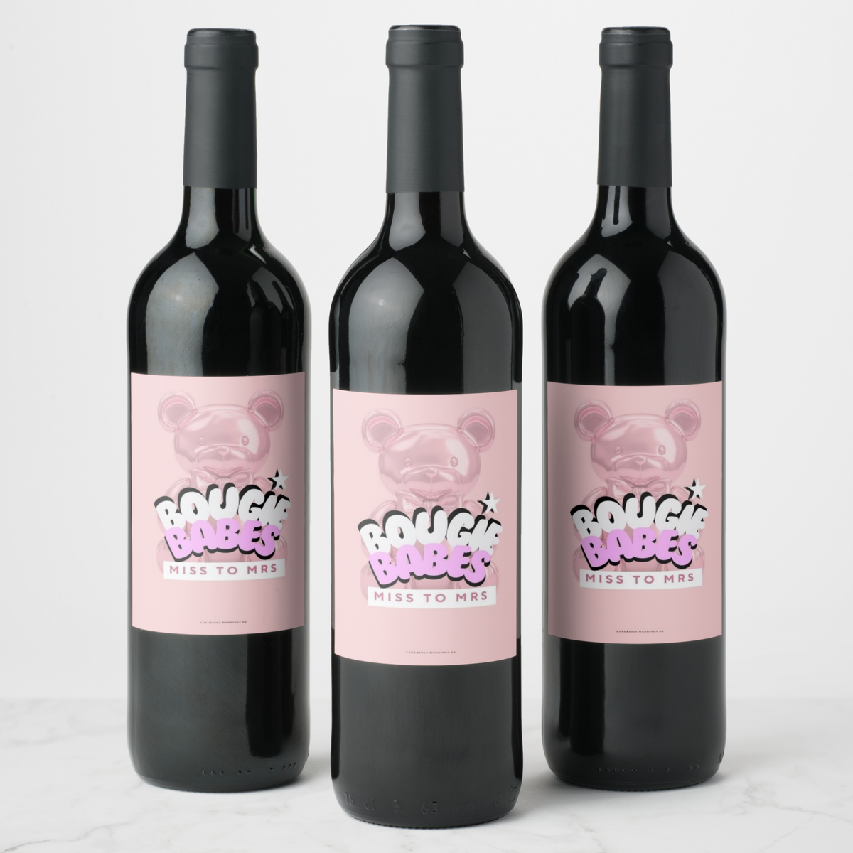 Bachelorette wine bottles with playful 'Bougee Babes' labels, ideal for celebrations and parties.