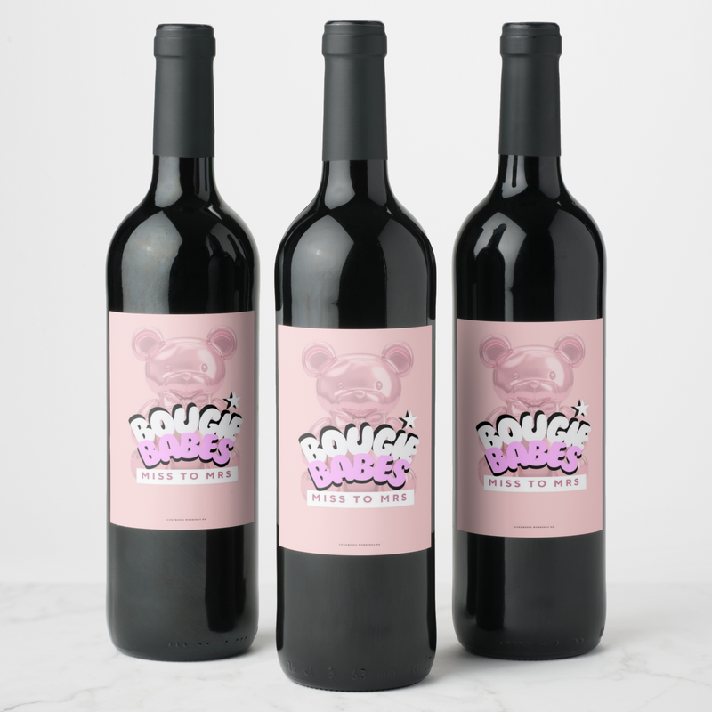 Bachelorette wine bottles with playful 'Bougee Babes' labels, ideal for celebrations and parties.