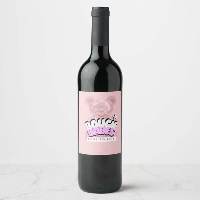 Bachelorette wine bottle featuring Bougee Babes label with playful Miss to Mrs design for a fun celebration.
