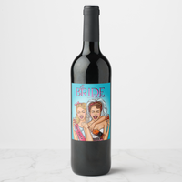 Bachelorette wine bottle with fun label featuring two brides celebrating glamorously.