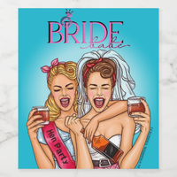 Playful Bachelorette wine label featuring two excited brides celebrating at a hen party.