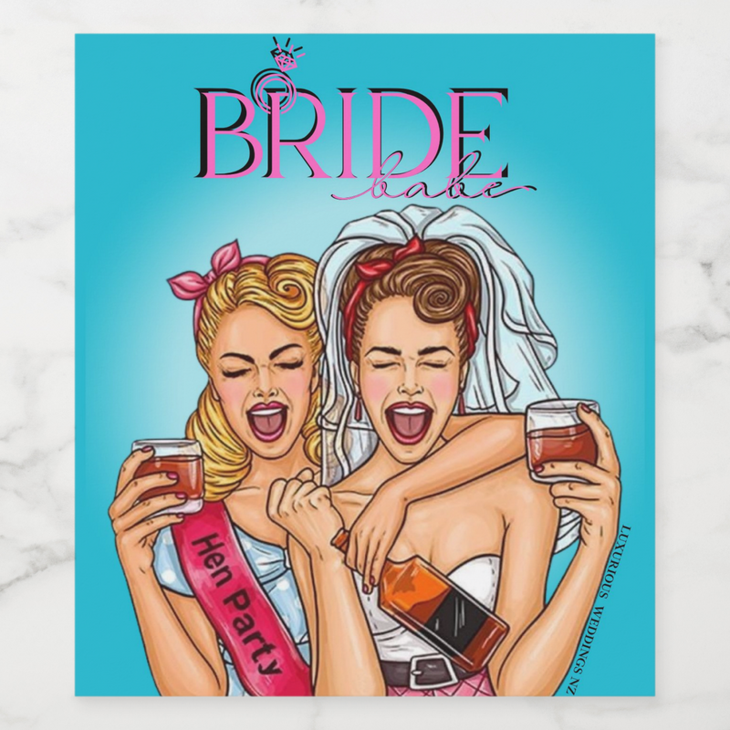 Playful Bachelorette wine label featuring two excited brides celebrating at a hen party.
