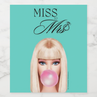 Bachelorette wine label design featuring a glamorous character blowing a bubble gum, with 'Miss to Mrs' title.