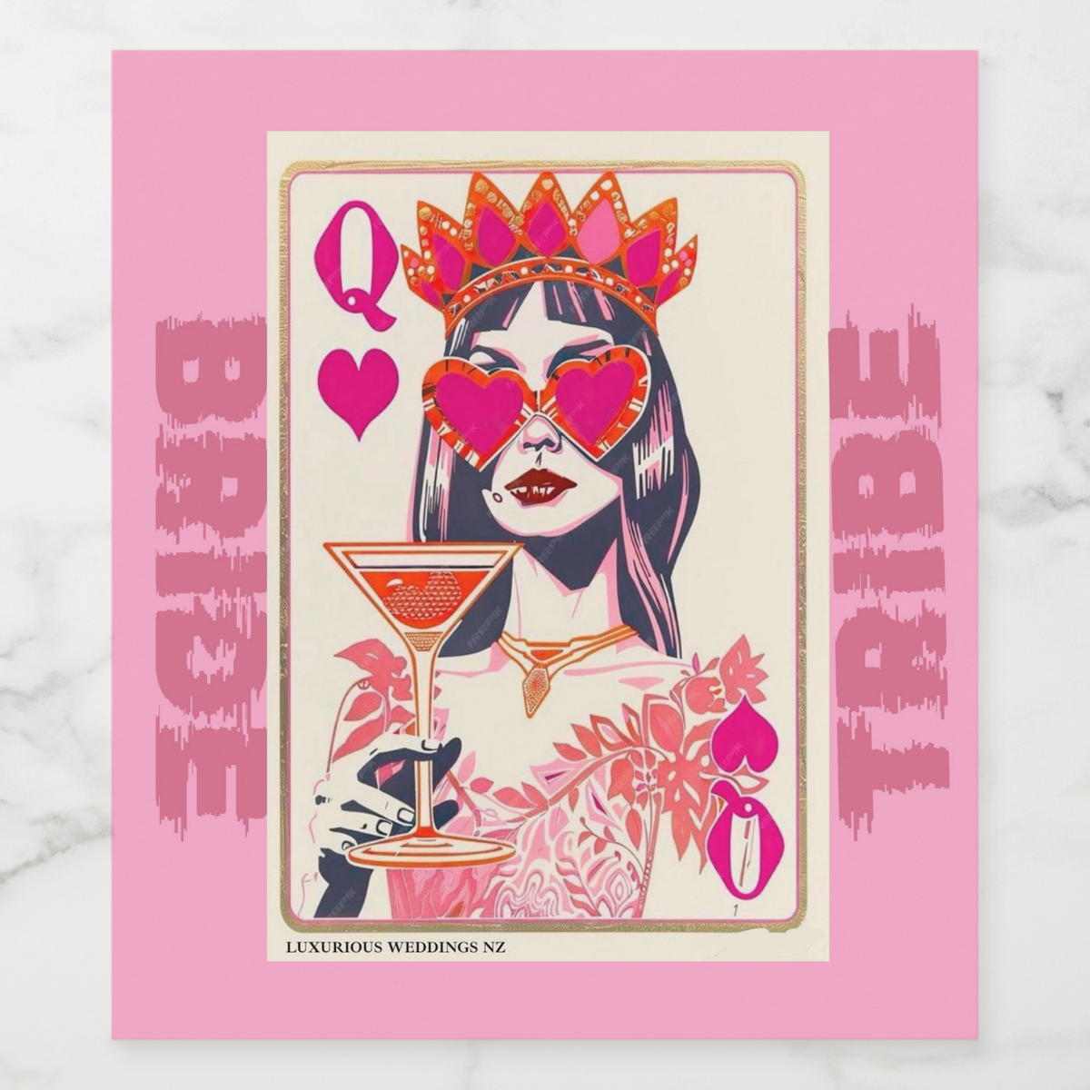 Colorful bachelorette wine label design featuring a queen with hearts and a martini, perfect for bridal celebrations.