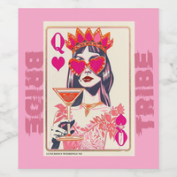 Colorful bachelorette wine label design featuring a queen with hearts and a martini, perfect for bridal celebrations.