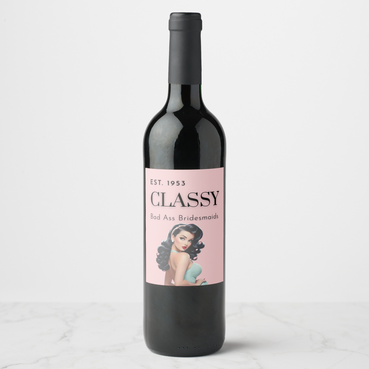 Bachelorette wine bottle with classy label design featuring a retro illustration and text.
