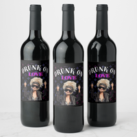 Three bachelorette wine bottles with 'Drunk on Love' labels featuring fun, stylish designs for celebrating.