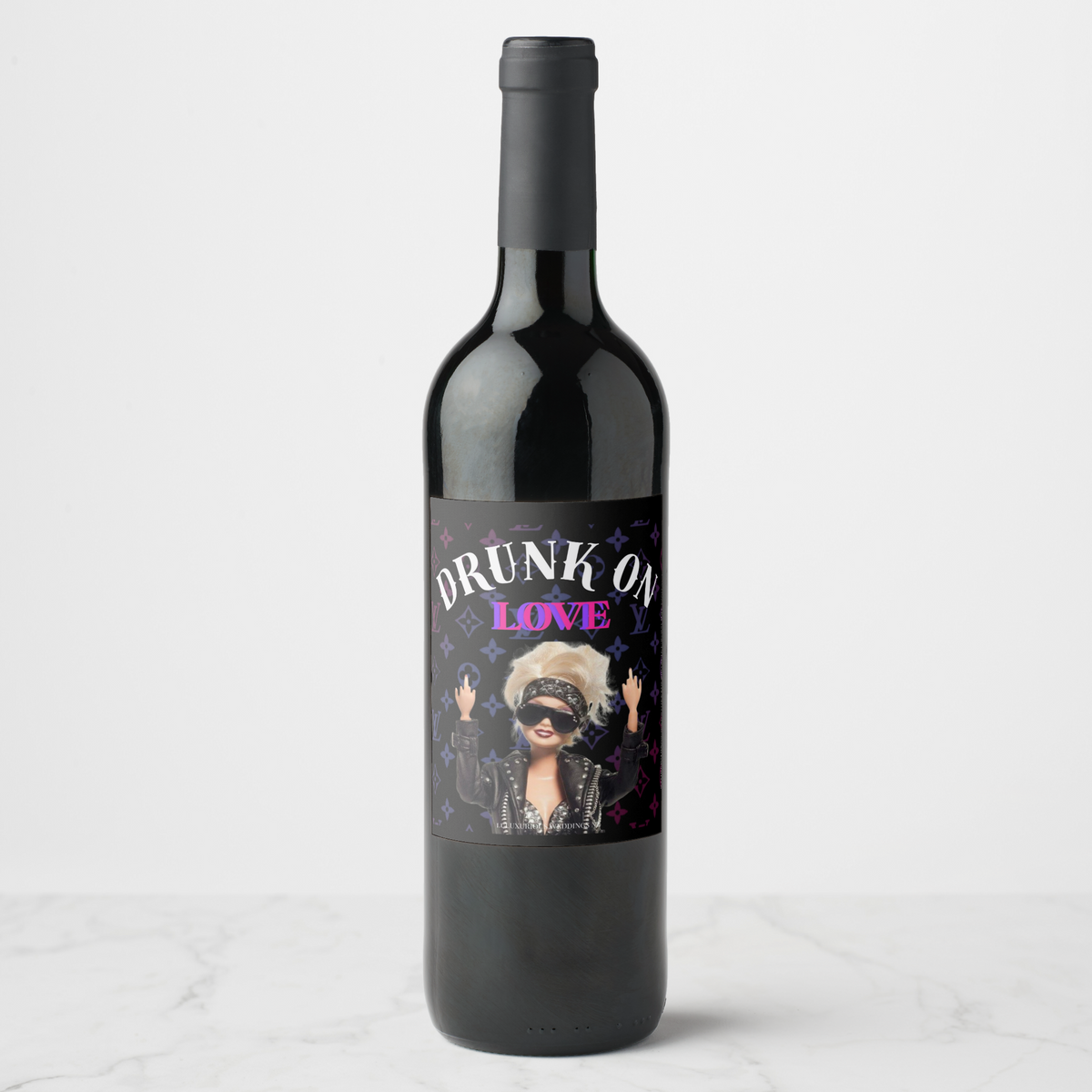 Bachelorette wine bottle with 'Drunk on Love' label featuring fun and festive design for celebrations.