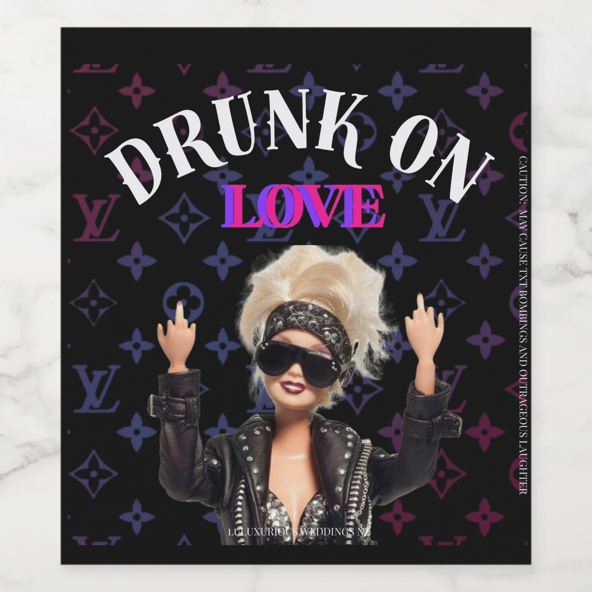 Bachelorette wine label titled 'Drunk on Love' featuring a stylish doll in a leather jacket, perfect for celebratory events.