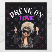 Bachelorette wine label titled 'Drunk on Love' featuring a stylish doll in a leather jacket, perfect for celebratory events.
