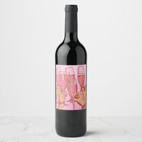 Bachelorette wine bottle featuring vibrant label with hands toasting in champagne glasses, perfect for festive celebrations.