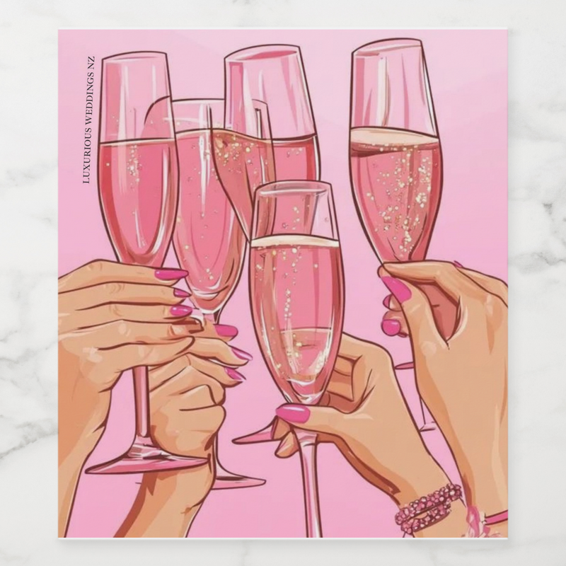 Hands toasting with champagne glasses against a pink background, perfect for bachelorette celebrations.