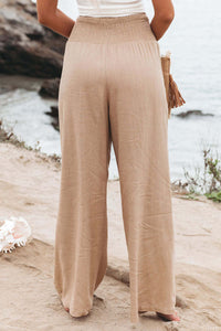 Khaki Smocked Wide Waistband High Waist Wide Leg Pants Bottoms/Pants & Culotte Luxurious Weddings