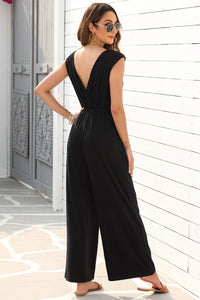 Black Deep V Pleated Crisscross Wide Leg Backless Jumpsuit Luxurious Weddings