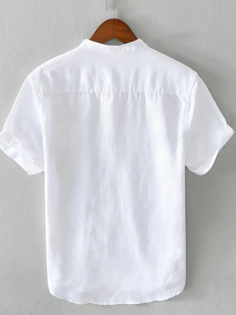 Back view of a white men's half button shirt on a wooden hanger, showcasing its clean and simple design.