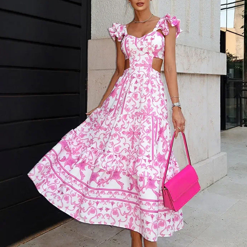 Summer Padded Shoulder Women's Printed Wear Hollow Length Dress Summer Dress Luxurious Weddings