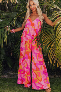 Pink Boho Abstract Print V Neck Wide Leg Jumpsuit Bottoms/Jumpsuits & Rompers Luxurious Weddings