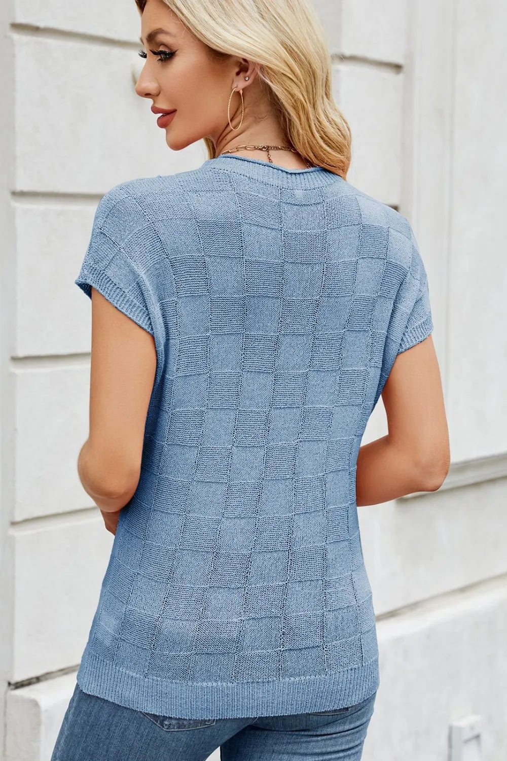 Checkered Round Neck Short Sleeve Knit Top Sweater Luxurious Weddings