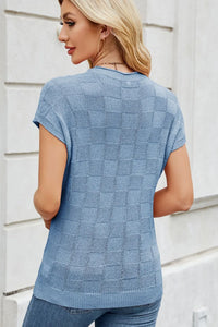 Checkered Round Neck Short Sleeve Knit Top Sweater Luxurious Weddings
