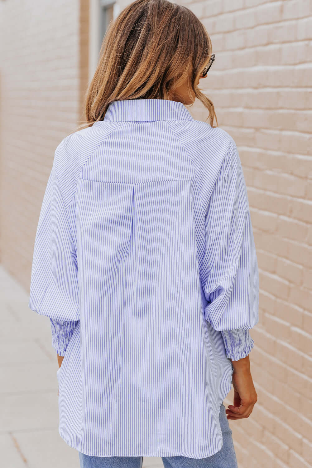 Sky Blue Smocked Cuffed Striped Boyfriend Shirt with Pocket Tops/Blouses & Shirts Luxurious Weddings