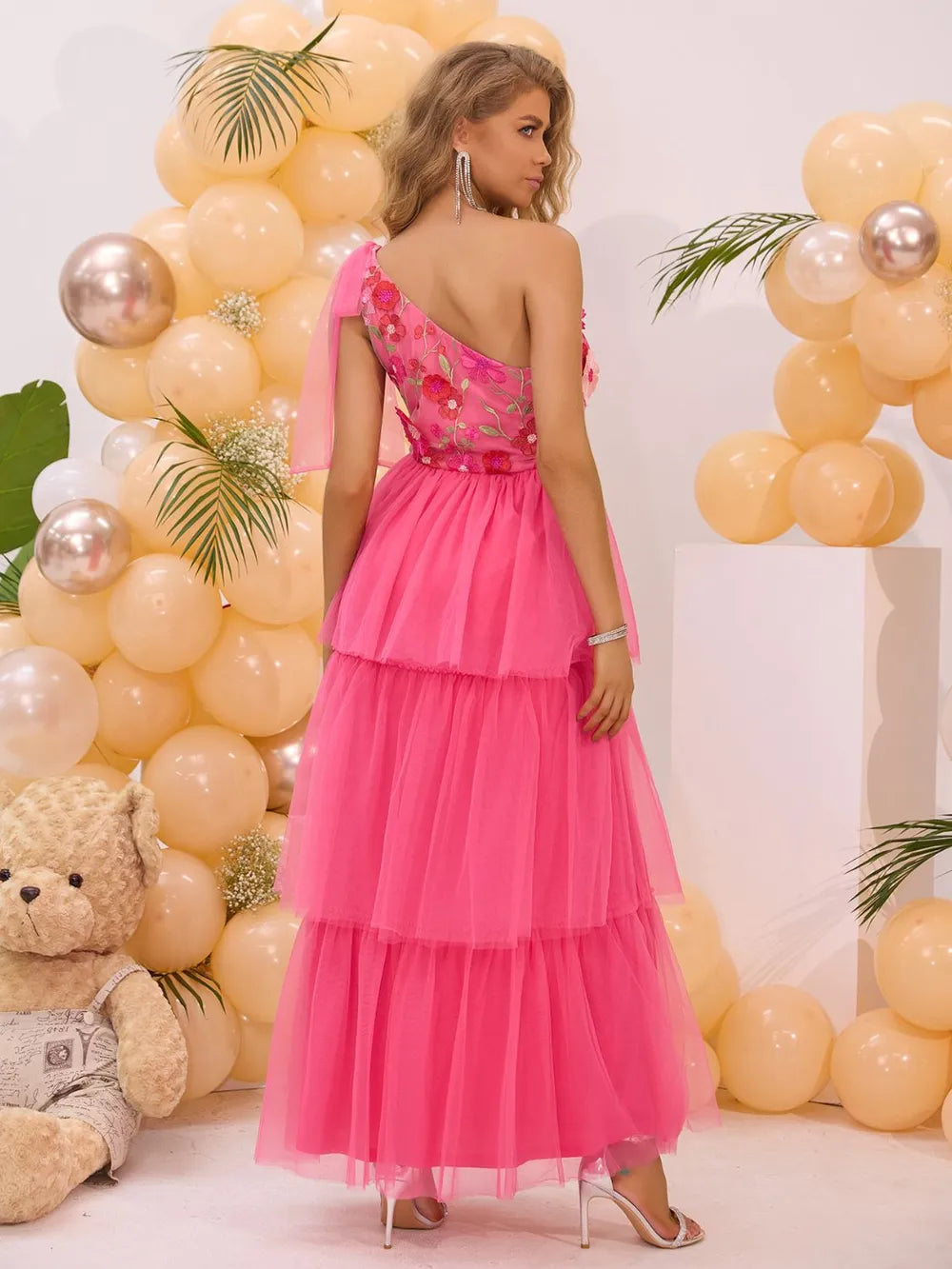 Embroidered Layered Single Shoulder Midi Dress Midi dresses Luxurious Weddings