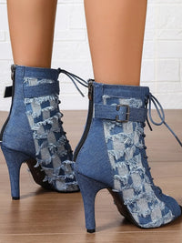 Distressed Denim Lace-Up Peep Toe Ankle Boots Heels Luxurious Weddings