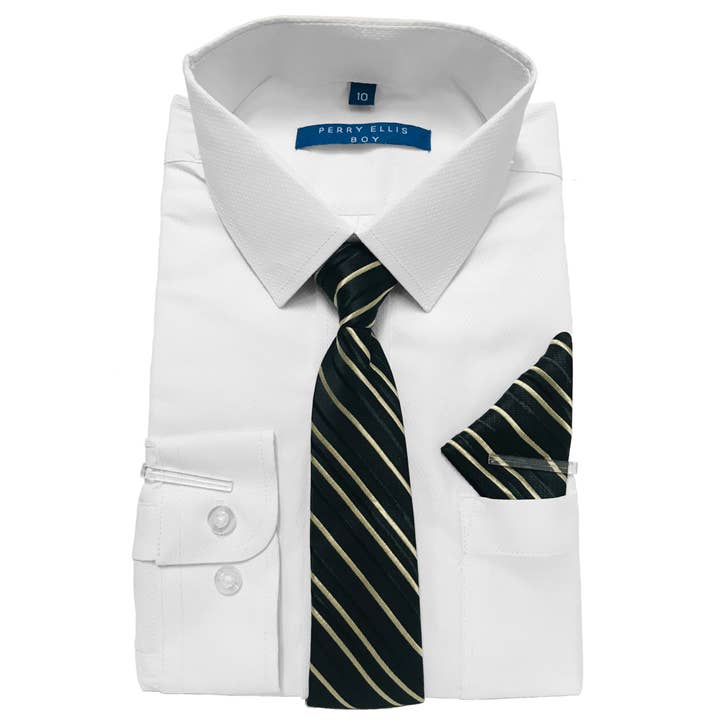 White Boys Dress Shirt, Tan Patterned Tie