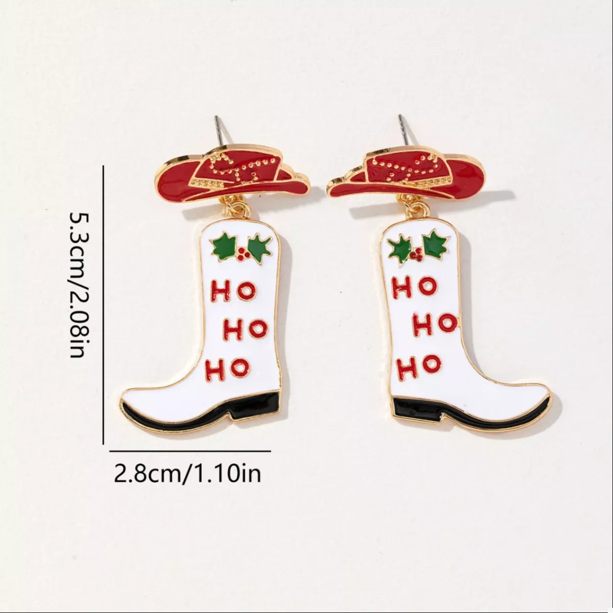 Christmas Cowboy Hat and Boot Dangle Earrings with festive design and measurements displayed.