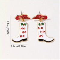 Christmas Cowboy Hat and Boot Dangle Earrings with festive design and measurements displayed.