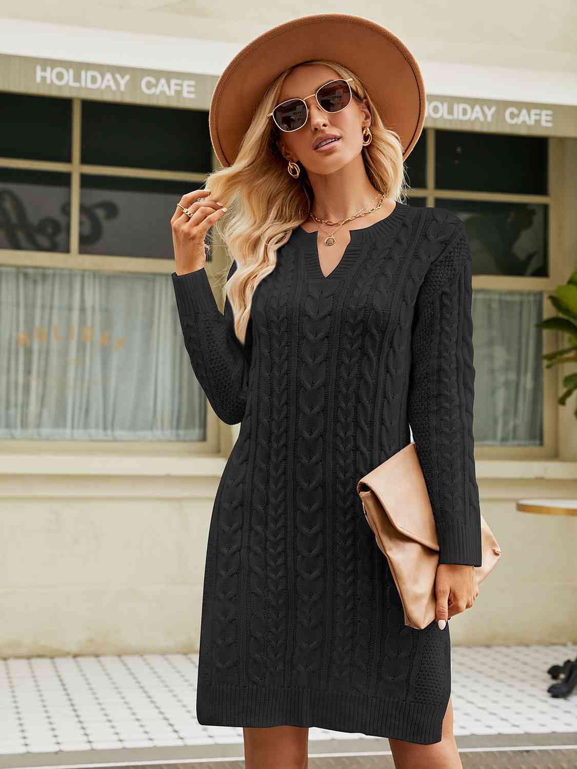 Notched Neck Cable-Knit Slit Sweater Dress sweater Luxurious Weddings