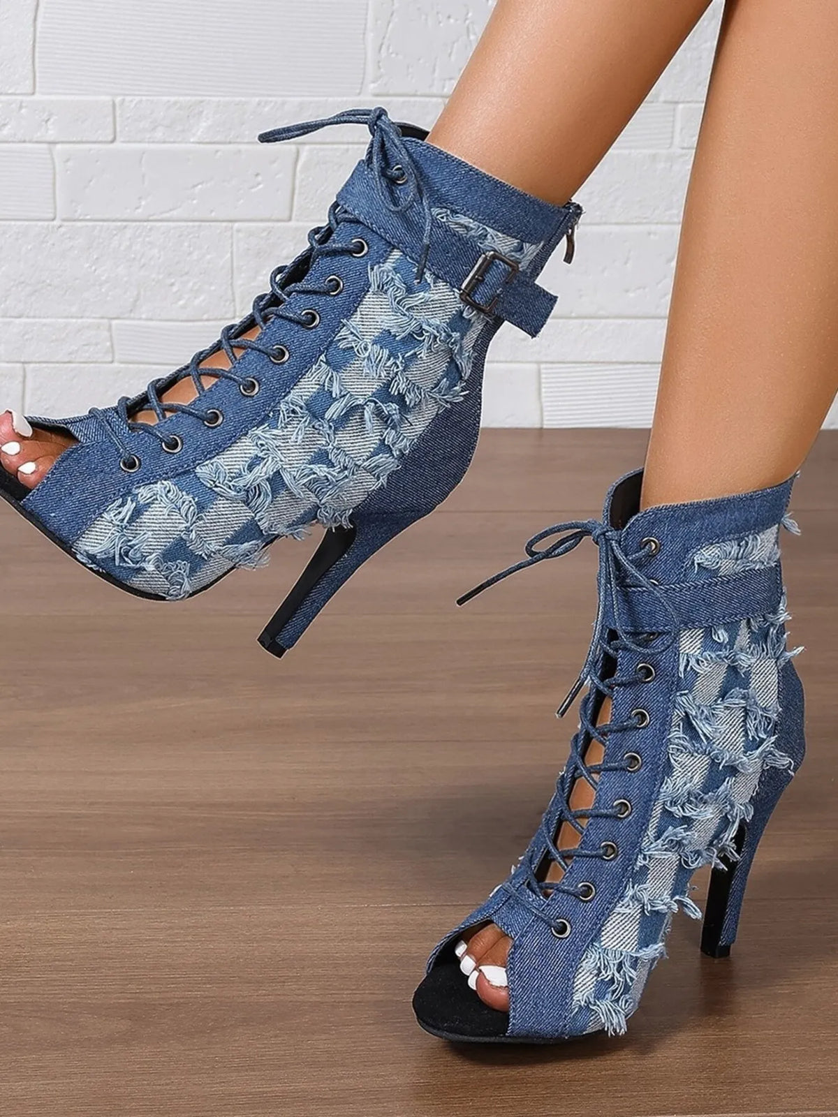 Distressed Denim Lace-Up Peep Toe Ankle Boots Heels Luxurious Weddings