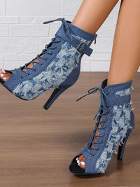 Distressed Denim Lace-Up Peep Toe Ankle Boots Heels Luxurious Weddings