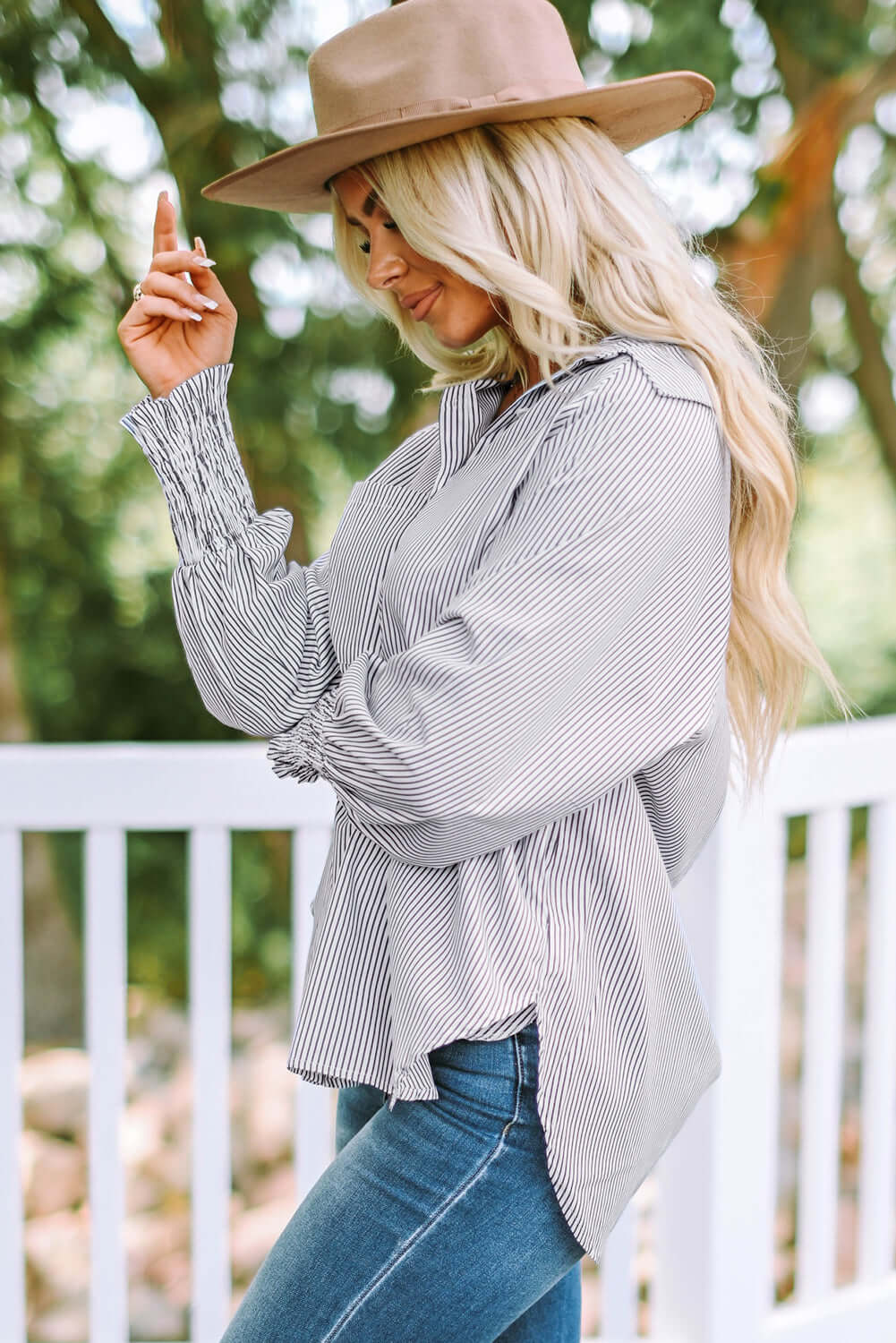 Smocked Cuffed Striped Boyfriend Shirt with Pocket Tops/Blouses & Shirts Luxurious Weddings