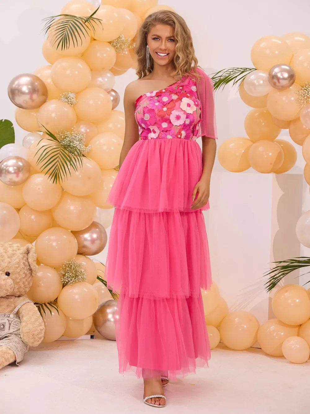 Embroidered Layered Single Shoulder Midi Dress Midi dresses Luxurious Weddings