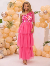 Embroidered Layered Single Shoulder Midi Dress Midi dresses Luxurious Weddings