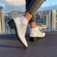 Stylish printed point toe block heel boots in mesh and PU leather, perfect for casual outfits and true to size fitting.