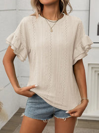 Eyelet Round Neck Flounce Sleeve Top Blouses Luxurious Weddings