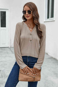 Buttoned Notched Neck Long Sleeve T-Shirt sweatshirt Luxurious Weddings