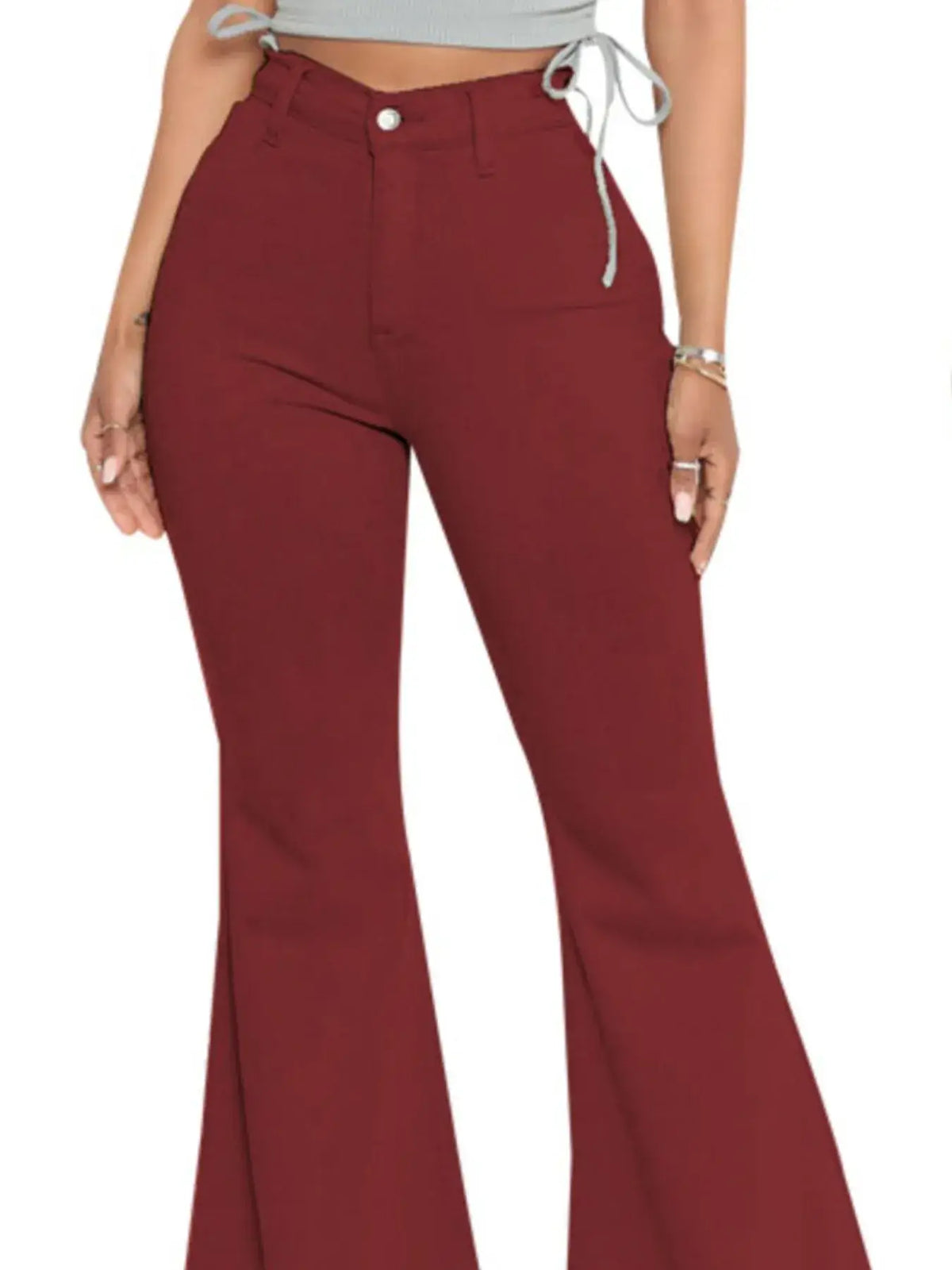 Full size high-waisted raw hem flare jeans in burgundy, perfect for formal wear and stylish occasions.
