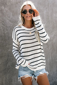 Striped Round Neck Drop Shoulder Sweater Sweater Luxurious Weddings