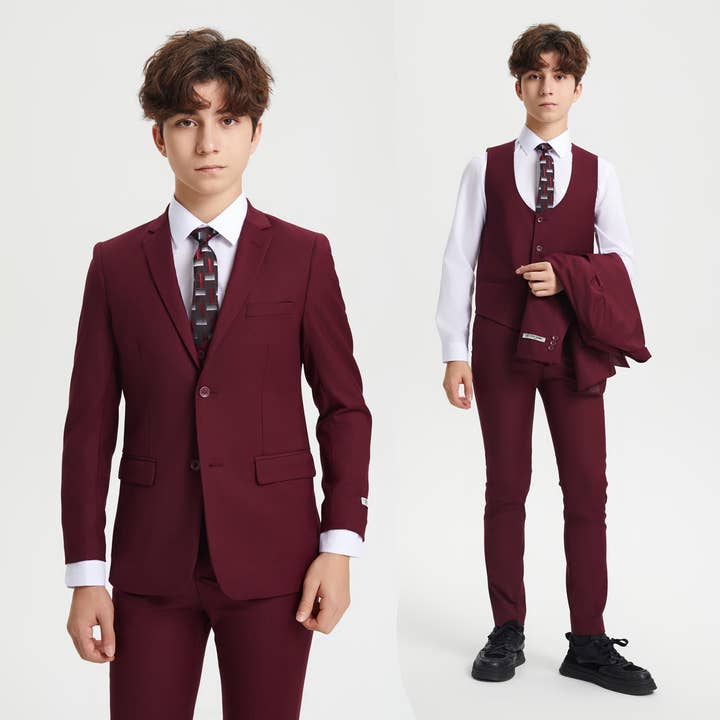 Stacy Adams Boys Suit 5-Piece Set | Burgandy Suits Luxurious Weddings