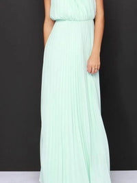 Pleated sleeveless maxi tank dress in mint green, lined, 100% polyester, perfect for affordable formal wear in NZ.