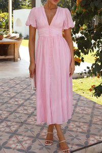 V-Neck Puff Short Sleeve Midi Dress Summer dress Luxurious Weddings