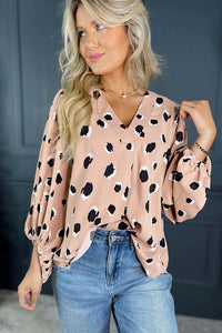 Khaki Classic Leopard V Neck Bracelet Sleeve Blouse Tops/Blouses & Shirts Luxurious Weddings