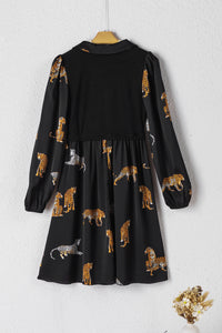 Black Vivid Leopard Print Long Sleeve Swing Dress