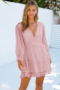 Pink Layered Ruffled Open Back Puff Sleeve Swiss Dot Mini Dress Dresses/Mini Dresses Luxurious Weddings