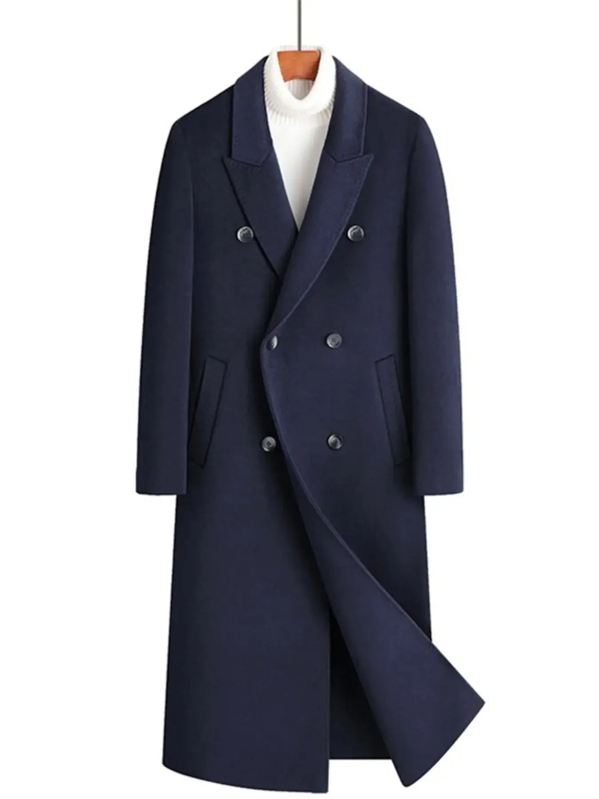 Men's plus size double-breasted long wool coat in navy, featuring a stylish buttoned front and sleek silhouette.