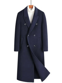 Men's plus size double-breasted long wool coat in navy, featuring a stylish buttoned front and sleek silhouette.